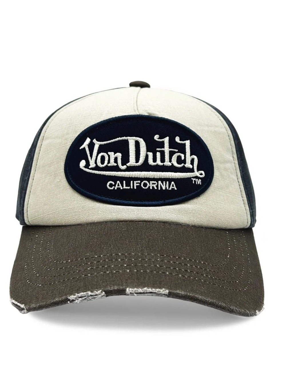 Von Dutch Two-Tone Distressed Strapback Hat in Navy, Gray, Brown